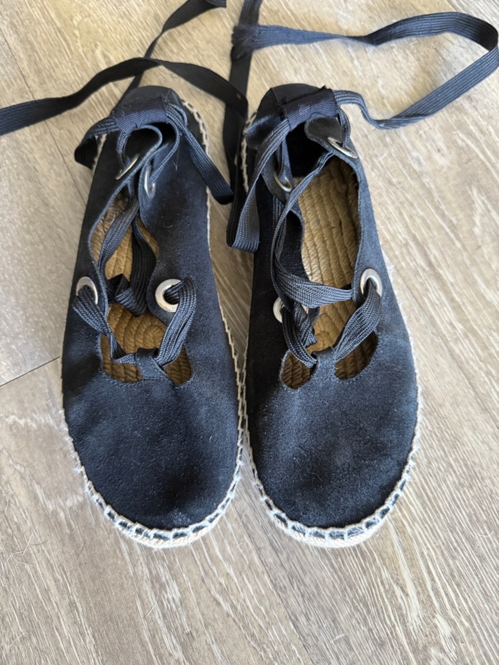 Bimba Y Lola Womens Black Suede Ankle Tie Sz 8 Ballerina Espadrille Flats Boho